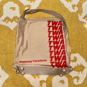 Vintage TWA Getaway Vacations Tan and Red Zipper Bag with Adjustable Strap